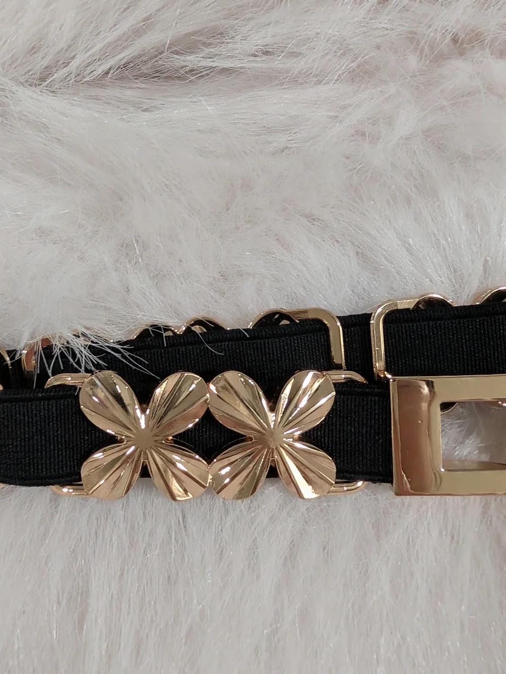 Black Elastic Stretch Waist‎ Belt with Gold Floral Hardware
